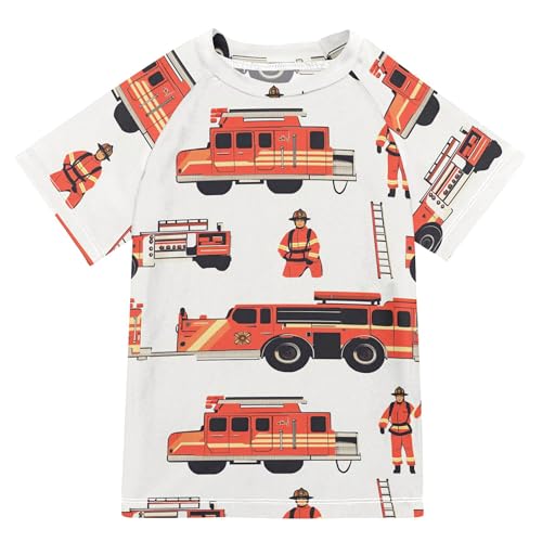 Firefighter Fire Truck White Kids Bathing Suits Girls Short Sleeves Teen Rash Guard Swimsuit Swimwears T Shirts for Big Boys 11-12Y