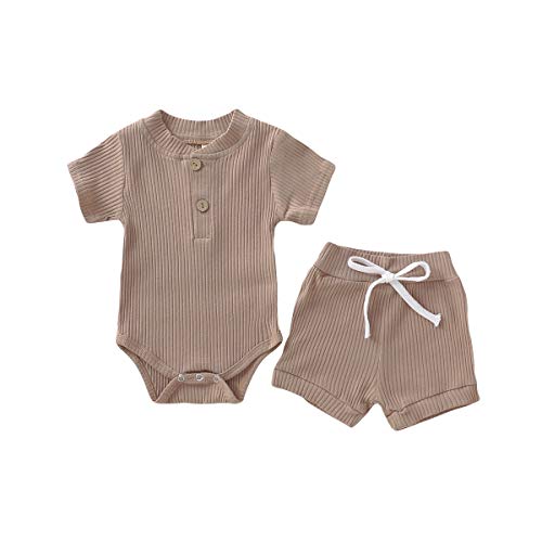 Newborn Baby Girls Boys Summer Clothes Sets Short Sleeve Solid Romper + Shorts Toddler Outfits 2Pcs (Khaki, 18-24 Months)