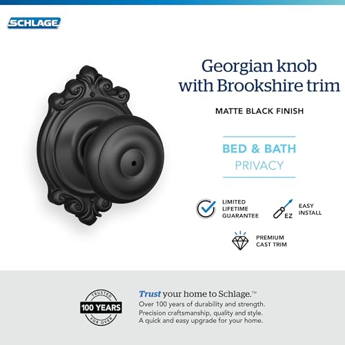 Image of Schlage F40 GEO 622 BRK Brookshire Door Knob with Brookshire Trim, Bed & Bath Privacy Lock, Matte Black