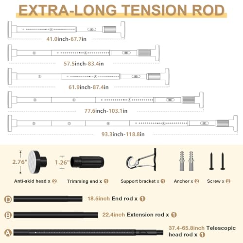 Image of Black Tension Curtain Rod 41-118In(4-9Ft),Outdoor Curtain Rod No Drilling for Window or Patio,Heavy DutyShower Rodfor Bathroom,Rod Diameter 1.26In-One-bond stretching