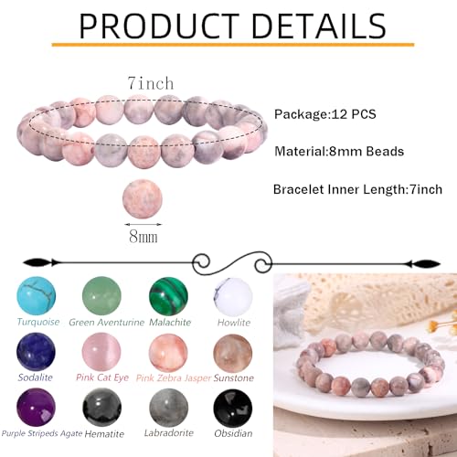 12PCS Crystal Stone Bracelets for Women Men Semi-Precious Gemstone Bracelets 8mm Round Beads Stretch Beaded Bracelet Jewelry Gifts3