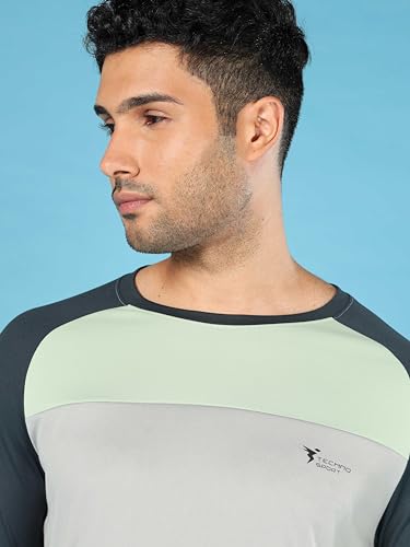 Image of TECHNOSPORT Men's Slim Fit Polyester Color Block Athleisure Crew Neck T-Shirt with Full Sleeve, Moisture Wicking and Quick Dry