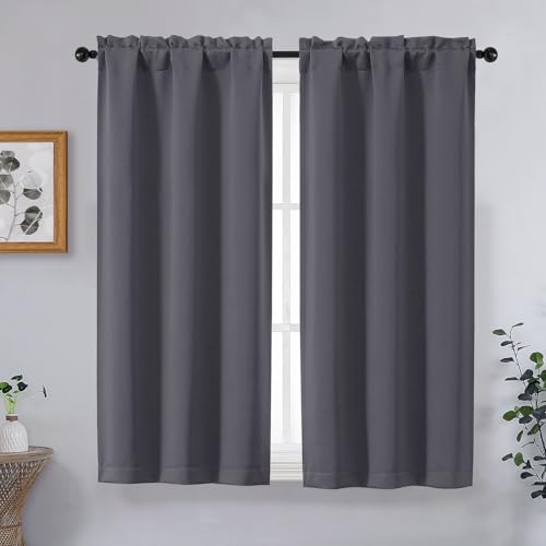 Image of Charcoal Grey Short Blackout Curtains for Bedroom 45 Inches Long 2 Panels, Solid Thermal Insulated Blackout Curtains, Energy Saving Soft Fabric Window Drapes, Dual Rod Pocket, 2x40Wx45L Inches