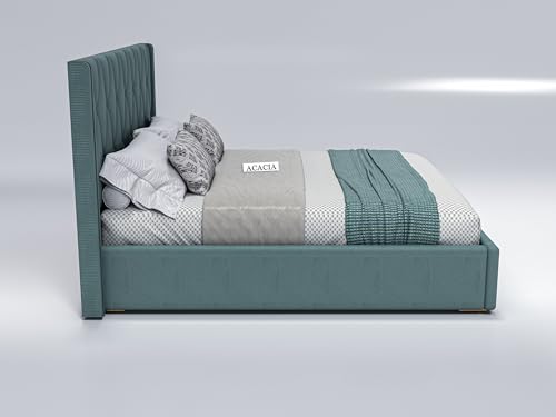 Image of Acacia Modern Upholstered Queen Size Bed with Hydraulic Storage for Bedroom | Wooden Furniture Double Beds for Home & Hotels | Platform Cot Bed with Upholstery Fabric, 6.5 x 5 Ft, Sheesham Wood, Green
