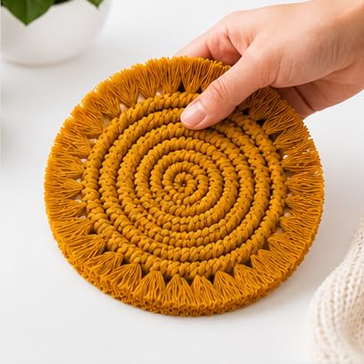 Handmade Macrame Coasters Cotton Woven Boho Drink Coasters Heat Resistant Table Mats Absorbent Tea Coffee Coasters Round Rustic Home Decor Coaster Set for Dining Table Mustard, Pack of 4-image-14