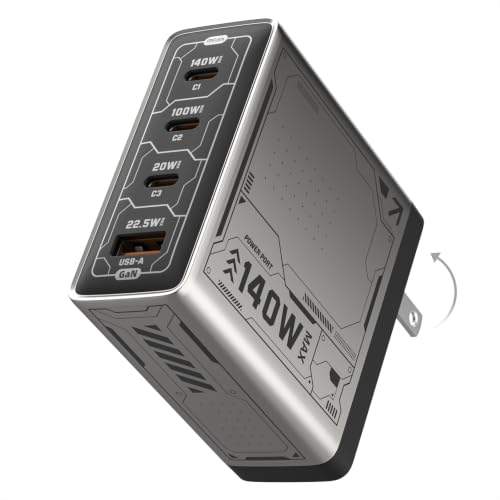 Image of Mfish E-Rhino 140W USB-C Charger, True PD 3.1 GaN Fast Charger, 4-Port (3 USB-C + 1 USB-A) Foldable Plug Power Adapter for MacBook Pro 16 inch, iPhone 17 /16, iPad, Galaxy, Tablet, Laptop, Grey