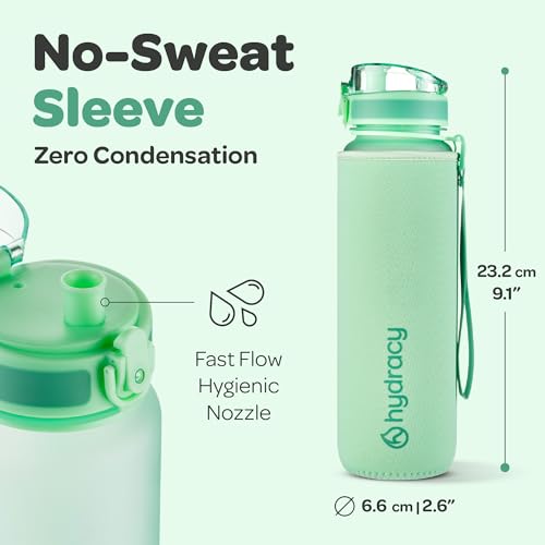 Image of Hydracy Water Bottle with Time Marker - Large 500 ml 17 Oz BPA Free Water Bottle - Leak Proof & No Sweat Gym Bottle with Fruit Infuser Strainer - Ideal for Fitness or Sports & Outdoors - Aqua Green | Leak Proof Gym Bottle with times to drink and no sweat Sleeve - Ideal for Fitness Sports & Outdoors