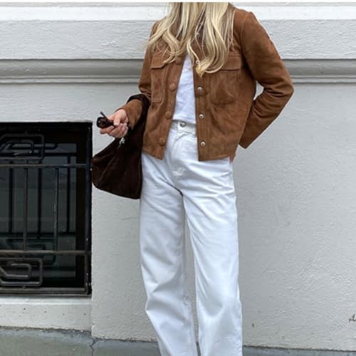 Button Down Cropped Suede Jacket Women Y2k Streetwear Faux Leather Bomber Jacket Fall Fashion 2024 Winter3