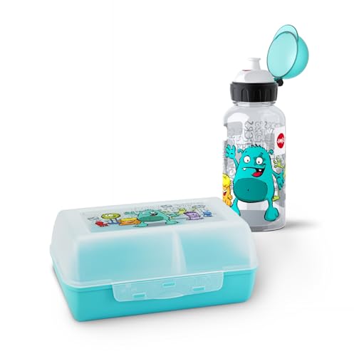 Emsa Kids Set mit Monster-Motiv, Trinkflasche + Brotdose, 400 ml auslaufsichere Flasche, Dose mit verschiebbarer Trennwand, Pink, 518138
