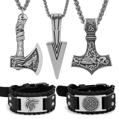 Viking Jewelry Set for Men 5-Piece Norse Set 3 Necklaces (Thors Hammer Mjolnir Viking Axe Spearhead) & 2 Viking Cuff Bracelets with Runes/Compass Designs
