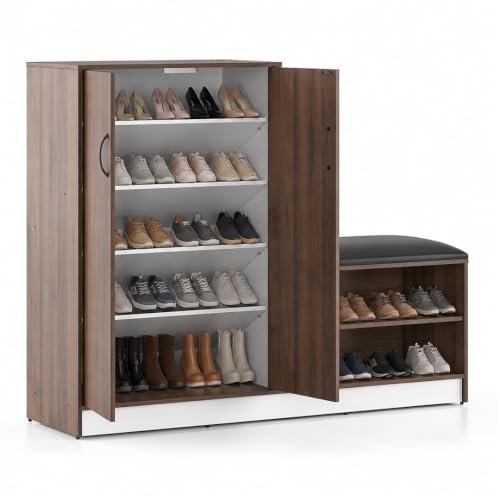 Image of Urban Ladder Alex 21 Pair Shoe Cabinet with Seating | Closed Shoe Rack with Doors | Classic Walnut Finish