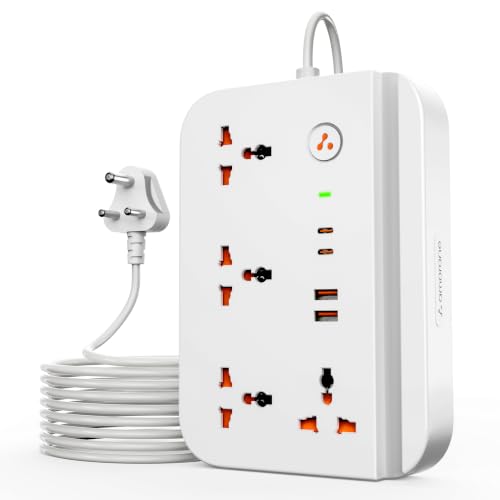 Image of Ambrane Extension Board, 2 Type C, 2 USB, 4 International AC Sockets, Mobile Stand, 2500W Output, Surge Protection, Child Safety, 1.2m Long Cable for Office, Home Appliances (Smartstrip 6, White)