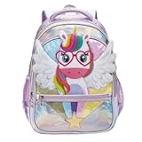 Mochila Infantil De Costa Feminina com Unicórnio Arco-Íris, Brilhos e Estrelas (ROXO)