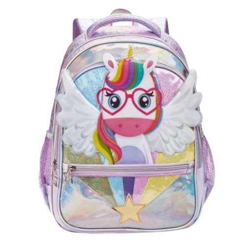 Mochila Infantil De Costa Feminina com Unicórnio Arco-Íris, Brilhos e Estrelas (ROXO)
