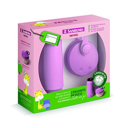 Conjunto Composto de Garrafa Térmica de 250 ml e Pote Plástico com Divisória para Leite em Pó de 280ml, Cor Rosa, Linha Termic, Sanremo.
