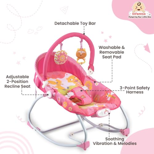 Image of INFANTSO Baby Rocker & Bouncer for 0 to 2 Years, Portable Chair for Newborn with Mosquito Net, Calming Vibrations, Soft Music & Hanging Toys, Adjustable Toddler Swing (Pink)