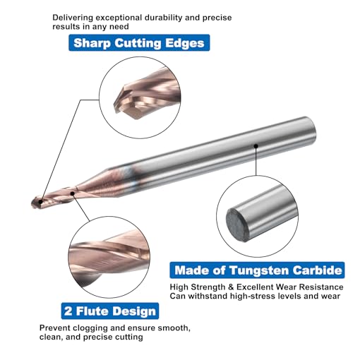 Image of HARFINGTON 2 Pcs Ball Nose End Mill 2 Flute 1 /8 inch Diameter 1 /4 inch Shank Tungsten Carbide Uncoated Spiral CNC Router Bits 3 /8 inch Cutting Length Single End Ball for Carving Engraving Grinding