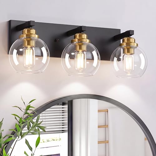 Image of LmnLvn Bathroom Light Fixtures, Farmhouse Black & Gold Metal with Globe | 3-Light Rustic Vanity Lights,Easy To Install, Mounted Over Mirror for Bathroom, Bedroom & Hallway