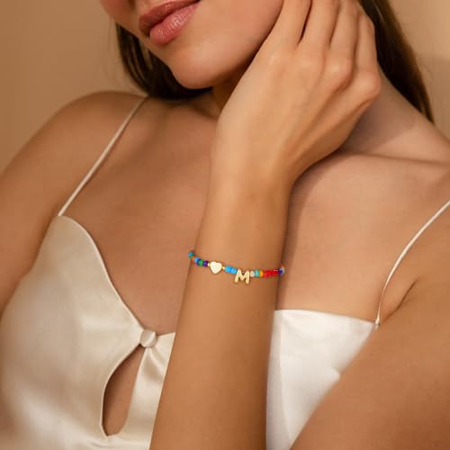 Image of Colorful Initial Bracelets for Women Girls, Cute Beaded Heart Shell Initial Bracelets Teen Gilr Gifts Trendy Stuff Gold Charm Bracelet Gifts for Women