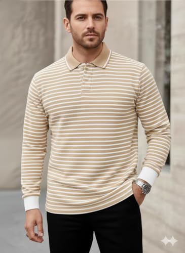 Image of Mack Jonney Men's Premium Striped Polo T-Shirt | Long Sleeve Cotton Blend | Casual & Smart Wear-M6721