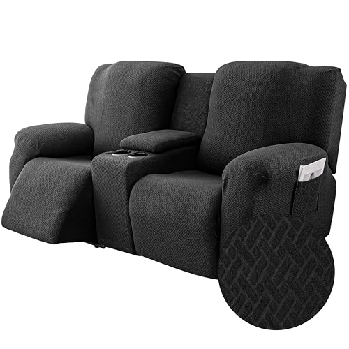 Image of Genina Recliner Loveseat Covers with Console, Stretch Reclining Sofa Covers, 2 Seater Couch Cushion Stripe Jacquard Recliner Slipcovers - Furniture Protector Covers for Pet(Black)