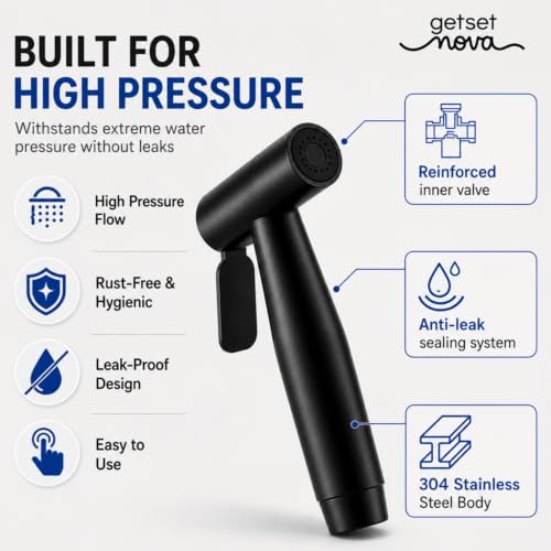 Image of Health Faucet Stainless Steel Handheld Bidet Sprayer with 1.5m Hose | Bathroom Hand Shower | Leakproof, Rust Resistant | Easy Installation. (Full Set Jet Spray Black)