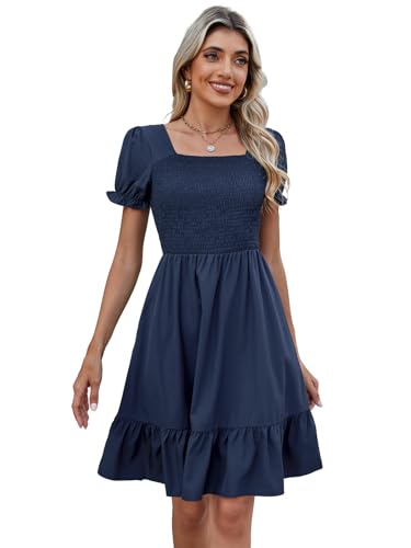 Image of Lyrur Women's Short Sleeve Summer Dresses 2026 Spring Casual Square Neck Easter Dress A-Line Tiered Sundress with Pockets