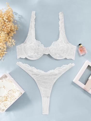 Image of Lilosy Sexy Floral Lace Scallop Underwire Push Up Sheer Lingerie Set Outfits