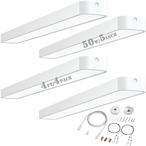 Lightdot 4ft LED Shop Light Fixture, 5″ Wide Linear Kitchen Ceiling Lights, Flush/Suspended Mount, 50W 7000LM(200W Fluorescent Replacement) 5000K Led Wrap-Around Lights for Garage Office(4 Pack)