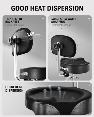 Donner Drum Throne with Backrest, Heavy Duty Hydraulic Drum Stool Height Adjustable Motorcycle Style Drum Seat Saddle Drum Throne for Adults Drummers (Black) - image 3