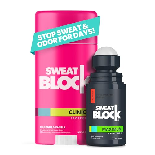 SweatBlock Antiperspirant Deodorant System | MAXIMUM CLINICAL STRENGTH for Men & Women | Hyperhidrosis Aid for up to 7 Days Sweat Control | Roll On 1.2 fl oz + Coconut & Vanilla Deo Stick 2.7oz
