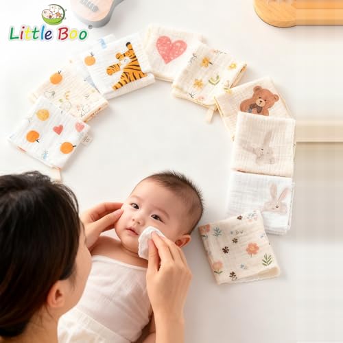 Image of Little Boo Muslin 6 Layer Organic Cotton Face Towel for Newborn Baby, Baby Bath Towel Wipes Extra Soft Hankies Handkerchief for Kids, Reusable Towel for Toddlers Kids - (Pack of 5) - Beige Printed.