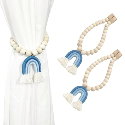 REAIJUNPIN 2PCS Wooden Boho Curtain Tiebacks - Rainbow - Blue