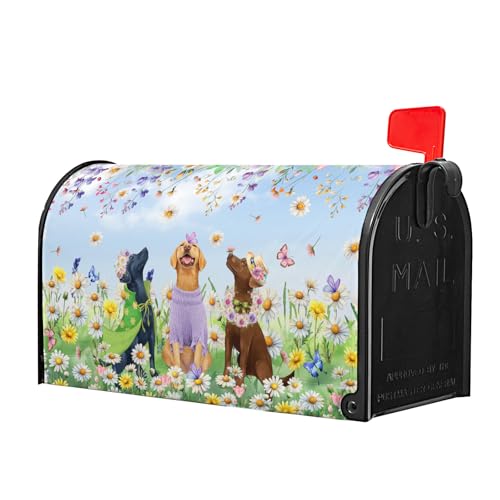 Image of Spring Dog Mailbox Cover with Magnetic 25.5x21Inch Colorful Wildflower Butterfly Puppy Waterproof Mailbox Wrap Letter Post Cover Large Size for Garden Yard Outdoor Season Outside Decor