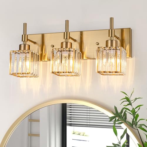 Image of Gold Vanity Light 3-Lights Crystal Bathroom Lighting Fixtures Over Mirror Modern Bathroom Light Fixtures with Crystal Square Shade