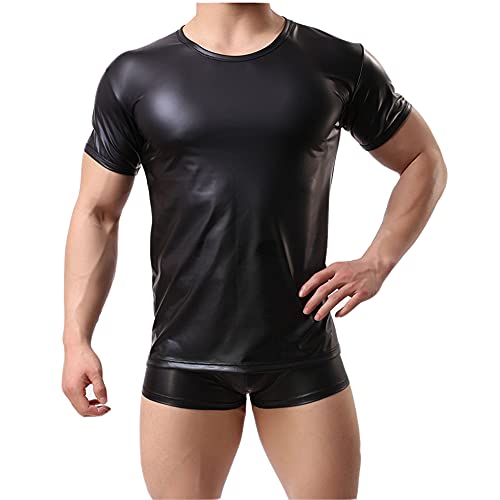 Herren Latex T-Shirt Männer Leder Shirt Unterhemd Kurzarm Unterwäsche Stretch Hemd Tops Clubwear Gogo Swingerclub Freizeithemd Sommer Muskel Top Lack-Leder Oberteil (XL,schwarz) Cover