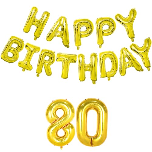 Image of Flyloons 80th Golden Colour Happy Birthday Foil Balloon Banner Set for 80 Year Old Men Women | with Number Eighty | 13 Letters Reusable Happy Birthday Metallic Foil Balloons Decoration Kit, 15 Pieces