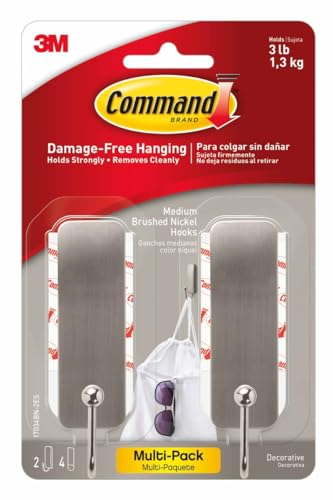 Command Medium Brushed Nickel Wall Hooks, 2 Coat Hooks and 4 Comm...