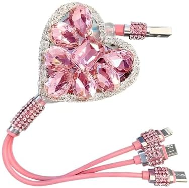 Zosgrew Car Retractable Multi Charging Cable, 3 in 1 Fast Charger Cord, Heart-shaped Diamond-studded Car Charger Cable, Stylish for Women, Compatible with Phone, Tablets (Pink)
