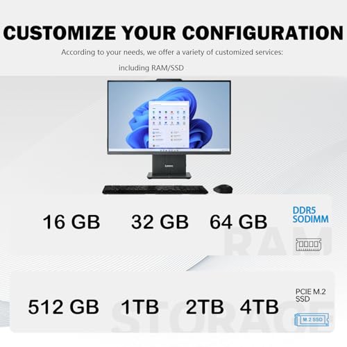 Image of Lenovo IdeaCentre 27 inch Business All-in-One Desktop Computer, FHD 100Hz Touchscreen, AMD Ryzen 5 7535HS, PCONLINE Customized 16GB /64GB DDR5 RAM, 1TB /4TB SSD, Wireless KB& Mouse, Wireless Charger, Win11P