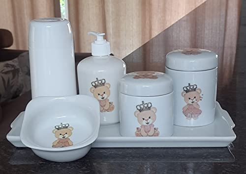 Kit higiene bebê Princesa Ursinha 6 peças - bandeja, potes, porta álcool e molhadeira - Peças Porcel