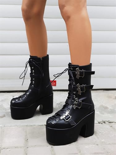 Women's Goth Bat Buckle Lace Up Ankle High Boots Closed Square Toe Chunky High Heeled Strtetch GoGo Boots Side Zipper Mid Calf Boots Platform Heels Daily Wear Booties2