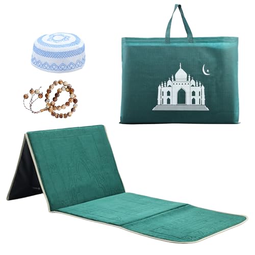 Foldable Muslim Prayer Mat with Back Rest Support, Thick Padded Islamic Prayer Rug, Travel Portable Carpet for Women Men, janamaz, Sajadah, Meditation Prayer Ramadan Eid Gift with Hat and 33 Beads