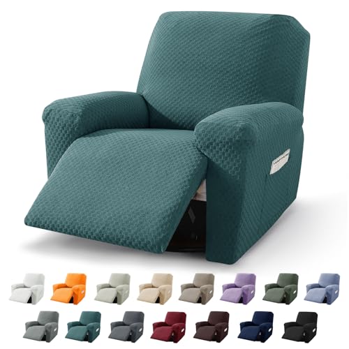 Image of YEMYHOM 4 Pieces Oversized Stretch Recliner Slipcover Jacquard Large Recliner Chair Cover with Side Pocket Anti-Slip Fitted Furniture Protector (X-Large Recliner, Peacock Blue)