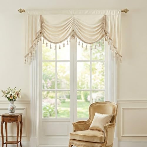 NICETOWN Swag Curtains for Kitchen, Rod Pocket Blackout Short Window Tiers Energy Efficient Waterfall Drapes for Basement, Country Boho Curtains with