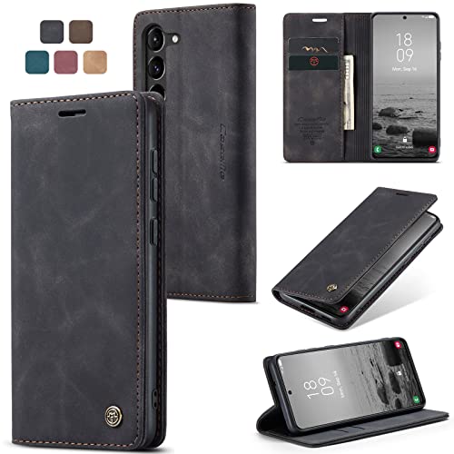 owlhold Hülle Samsung S23 Plus klapphülle Premium Lederhülle Weiches Vintage-Nubukleder Faltbare Ständer Schutzhülle Kartenfach Standfunktion klapphülle Samsung Galaxy S23 Plus 5G-Schwarz
