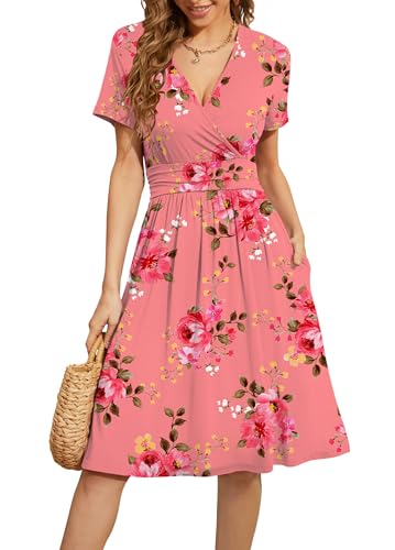 WEACZZY Womens Summer Short Dress Midi Dress Empire Waist Dresses for Women Flowy Dress Floral Sundress with Pockets,Floral Pink,XL