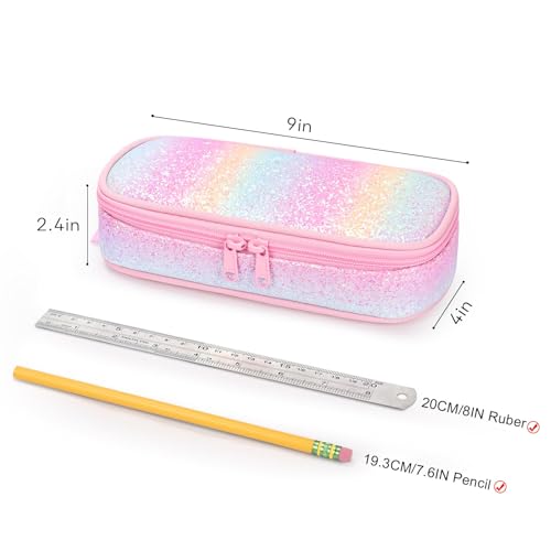 Image of mibasies Girls Pencil Case for Kids, Multi-Slot Pencil Pouch, Twill Pink Blue
