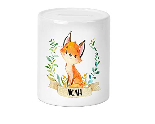 Waldtier Fuchs Kinder-Spardose für Mädchen und Junge mit Namen personalisiert zur Einschulung Taufe Geburtstag Geburt Sparschwein Geldgeschenk Cover