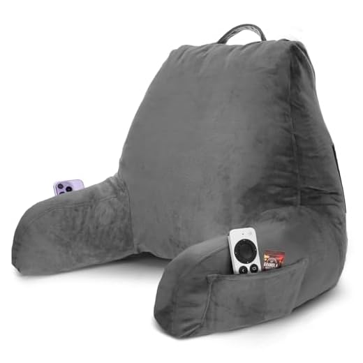 Nestl Reading Pillow Standard Bed Pillow, Back Pillow for Sitting in Bed Shredded Memory Foam Chair Pillow, Reading & Bed Rest Pillows Grey Back Pillow for Bed, Bed Chair Arm Pillow with Pockets